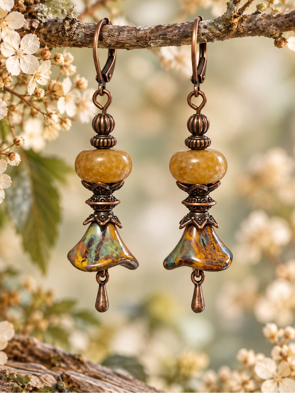 Autumn Czech Glass Flower Earrings Antique Copper Boho